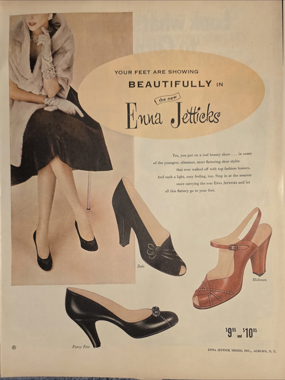 This is a vintage mid-century print advertisement for Enna Jettick Shoes